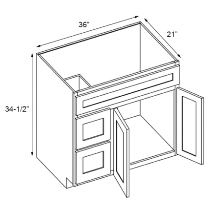 White Raised Vanity Cabinet With Left Drawer 36'' W x 21'' D x 34.5'' H