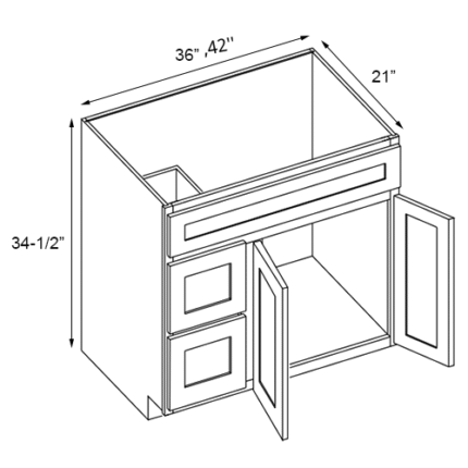 White Raised Vanity Cabinet With Left Drawer 42'' W x 21'' D x 34.5'' H