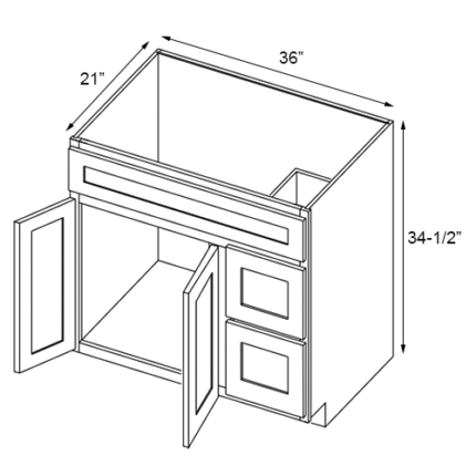 White Raised Vanity Cabinet With Right Drawer 36'' W x 21'' D x 34.5'' H